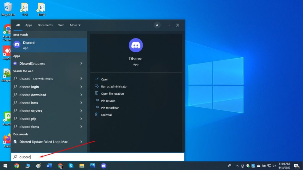 Click the Start button and search for Discord in the search bar