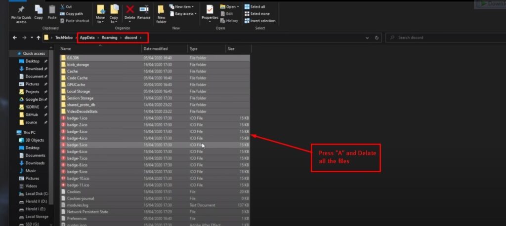 Find the “Discord” file and mark all the files and press delete from the keyboard.