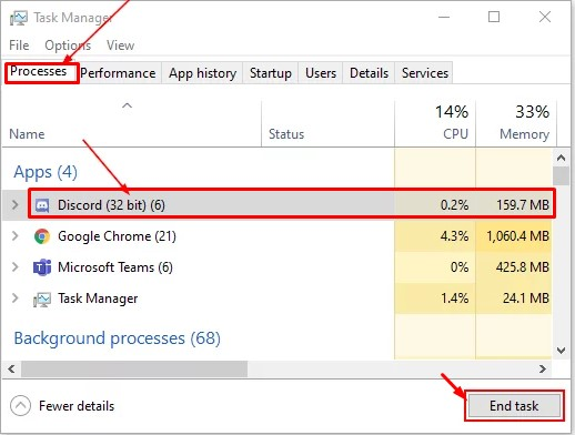 Go to Task manager and end Discord process