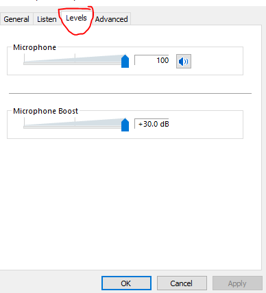 Next click on the Levels tab and adjust Microphone and Microphone Boost sound 100%.