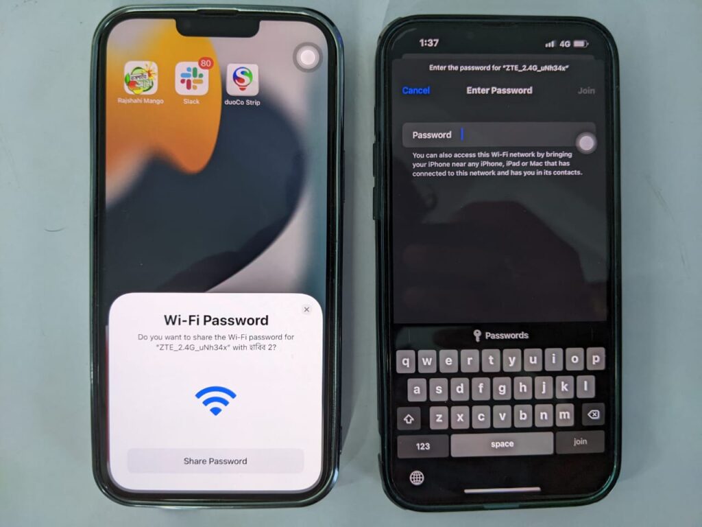 Share Password notification pops up on the sender device