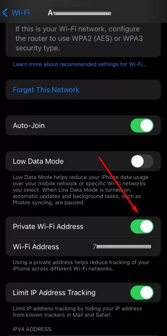 turn on the Private address from the next screen and then reconnect to that wifi network