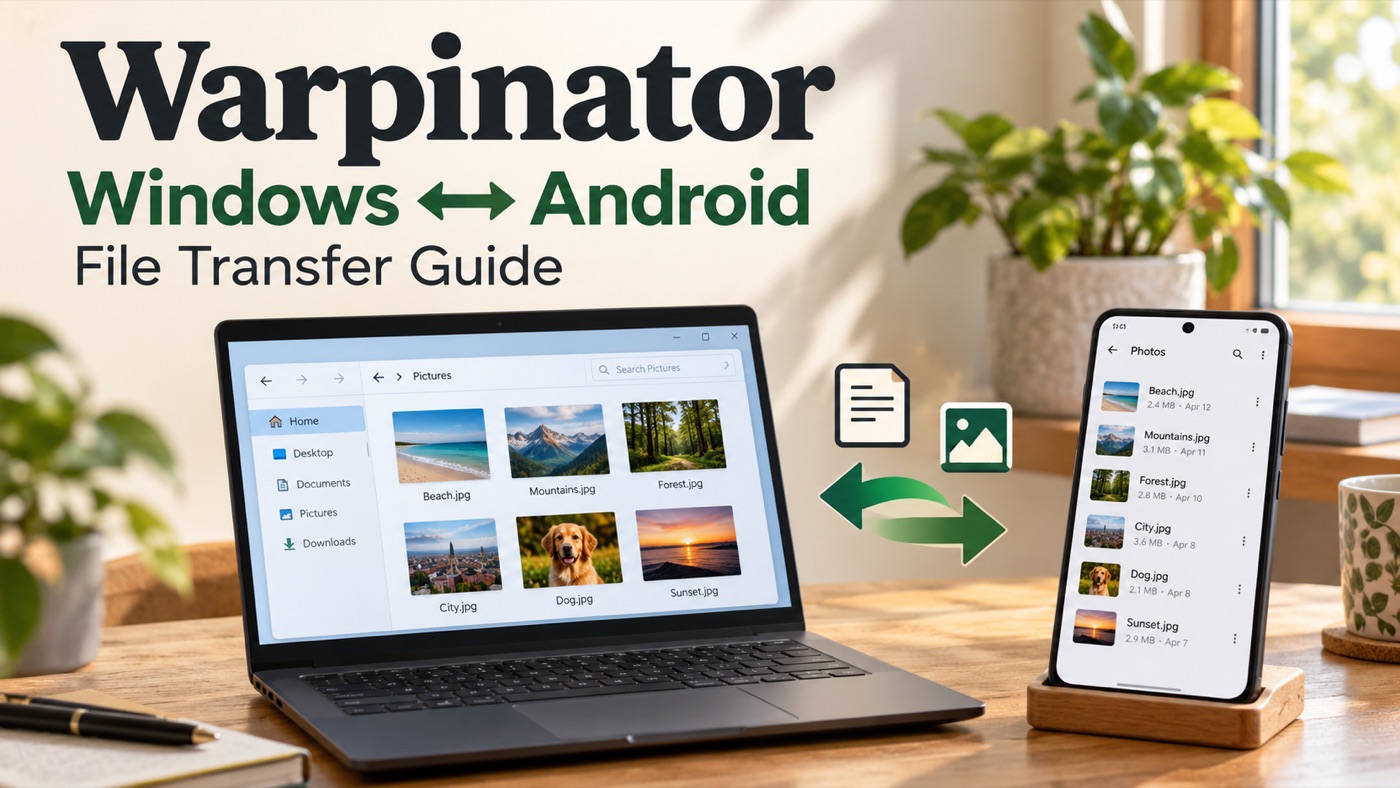 Warpinator Windows and Android file transfer guide, illustrated with a laptop, phone and two-way transfer arrows